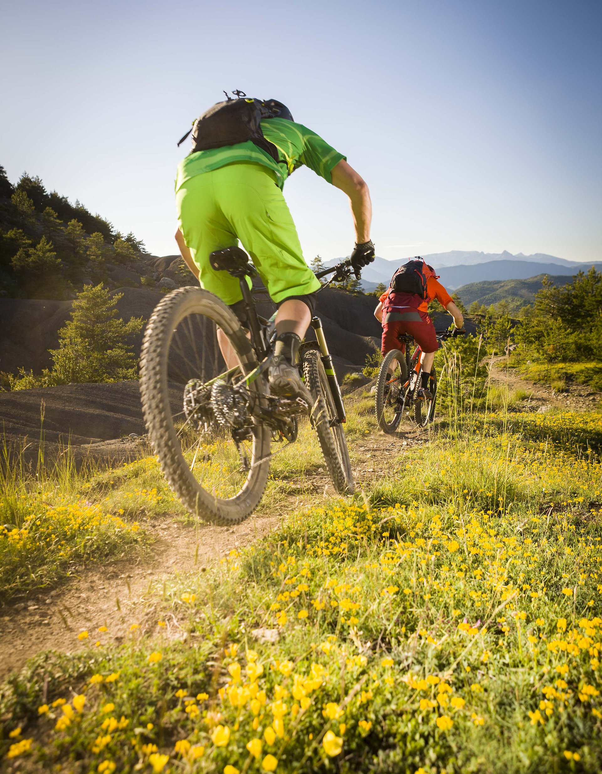 Lingers’ best snapshots Two mountain bikers ride on a narrow trail through a blooming mountain landscape.