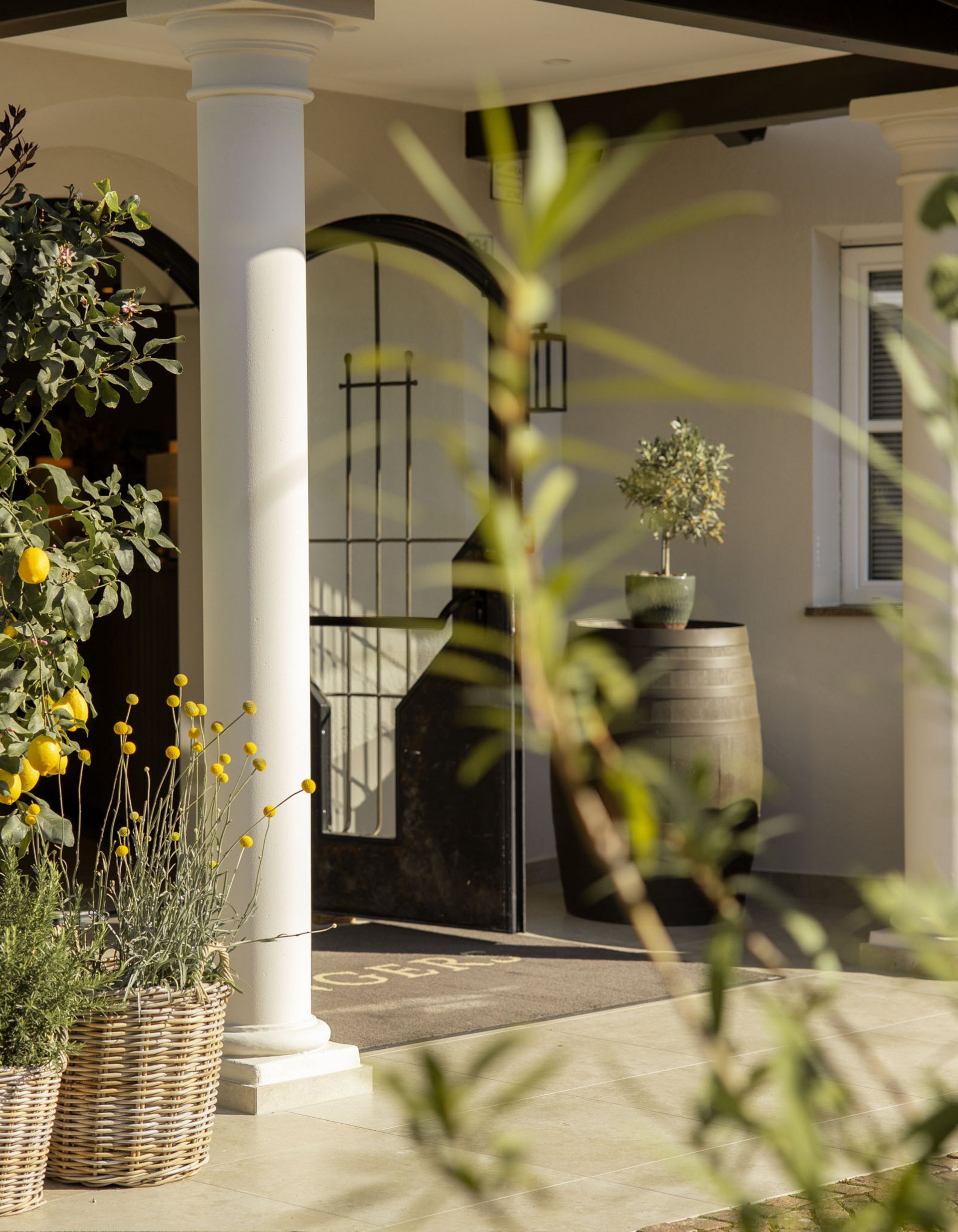 Lingers’ best snapshots Entrance with flowering plants and lemons in baskets by columns