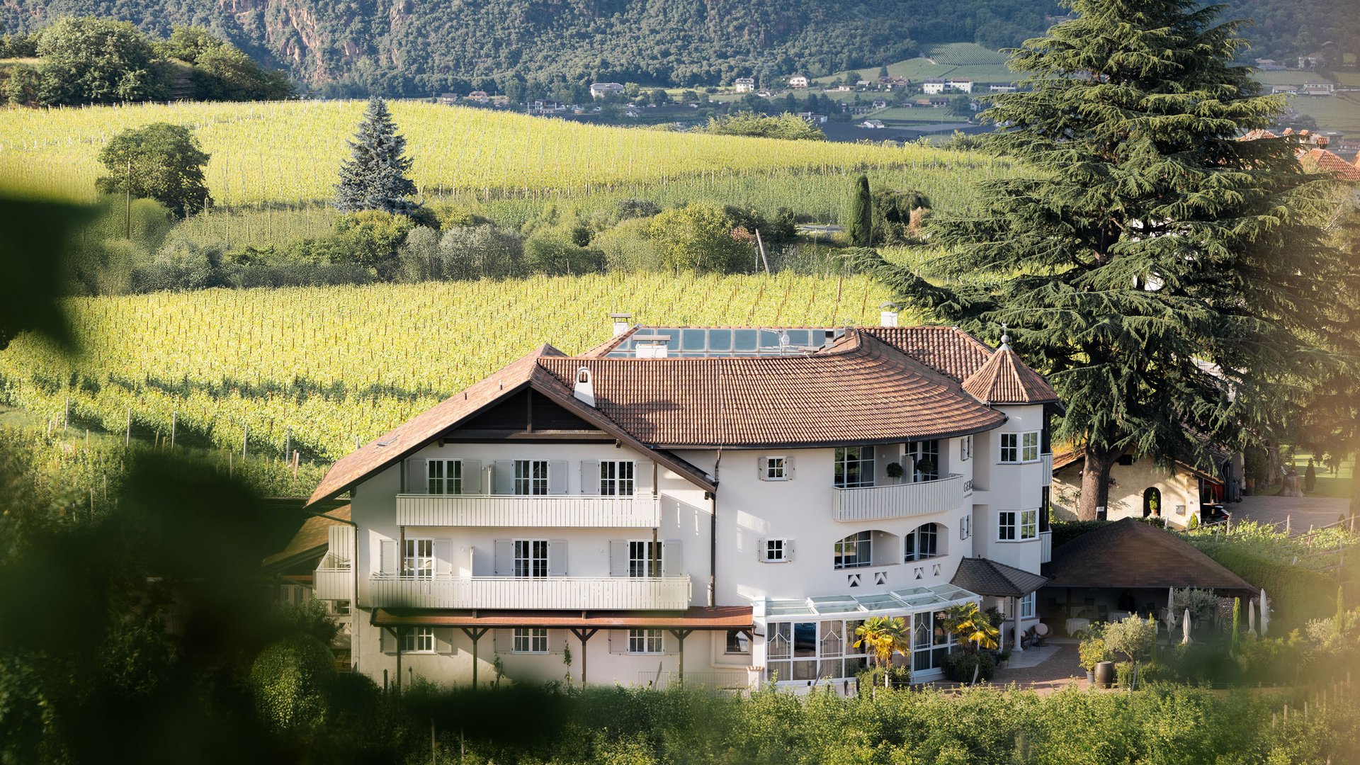 Lingers – Ihr Hotel in Girlan Traditionelles weißes Haus inmitten von Weinbergen und grüner Landschaft